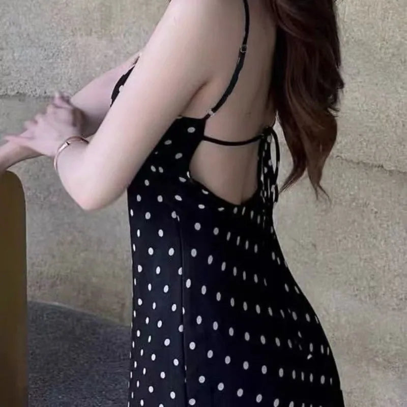 LIZAKOSHT  -  Women Polka Dot Print Sexy Lace Camisole Backless Long Dress Summer Fashion And Casual Comfortable Suitable For Vacation Dating