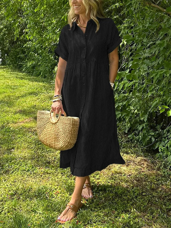 LIZAKOSHT  -  Summer New Women's Striped Dress Shirt Lapel Loose Button Cardigan Pocket Fashion Vacation Casual Street Midi Skirt for Female