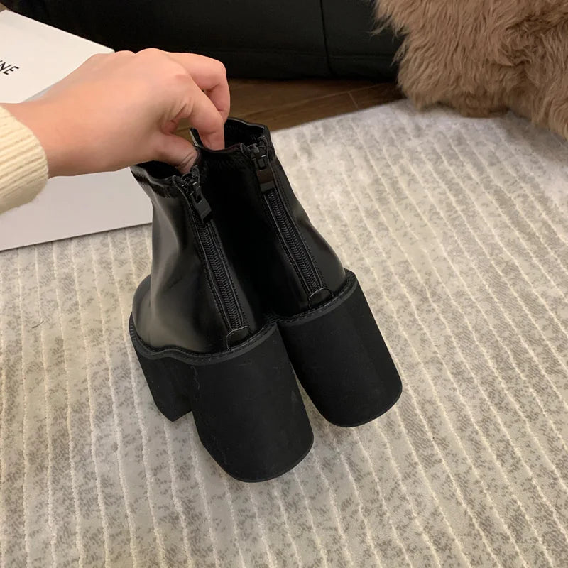 LIZAKOSHT  -  Black Ankle Boots For Women Platforms Shoes Fall Round Toe Punk Shoes Chunky Heeled Ladies Boots Back Zipper Bota Feminina
