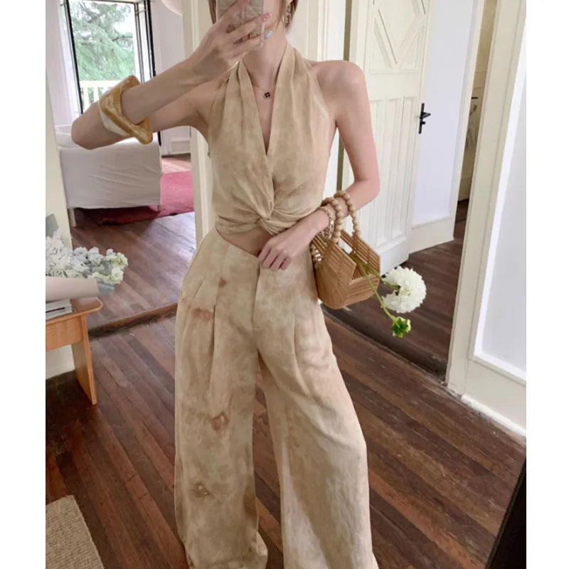 LIZAKOSHT  -  Linen Tie-Dye Sling/Trousers Fashion Two-Piece Suit ensemble femme 2 pièces été 2 piece sets womens outfits shoes