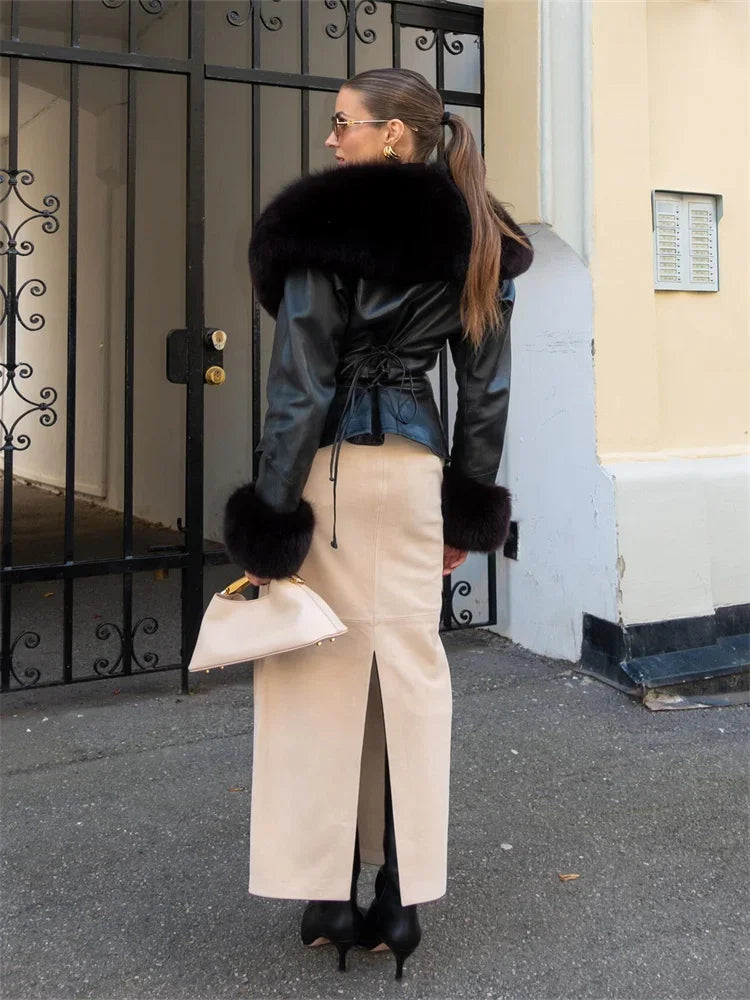 LIZAKOSHT  -  Women's Black PU Leather Jacket Large Faux Fur Collar Cuff Full Sleeve Lace Up Waist Cinching Coat 2025 Autumn Female Streetwear