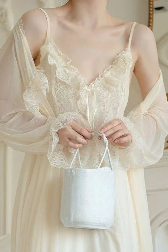 LIZAKOSHT  -  French Elegant Women Nightgown 2 Piece Set Princess Suspender Midi Dress with Soft Cardigan Comfortable Solid Home Loungewear