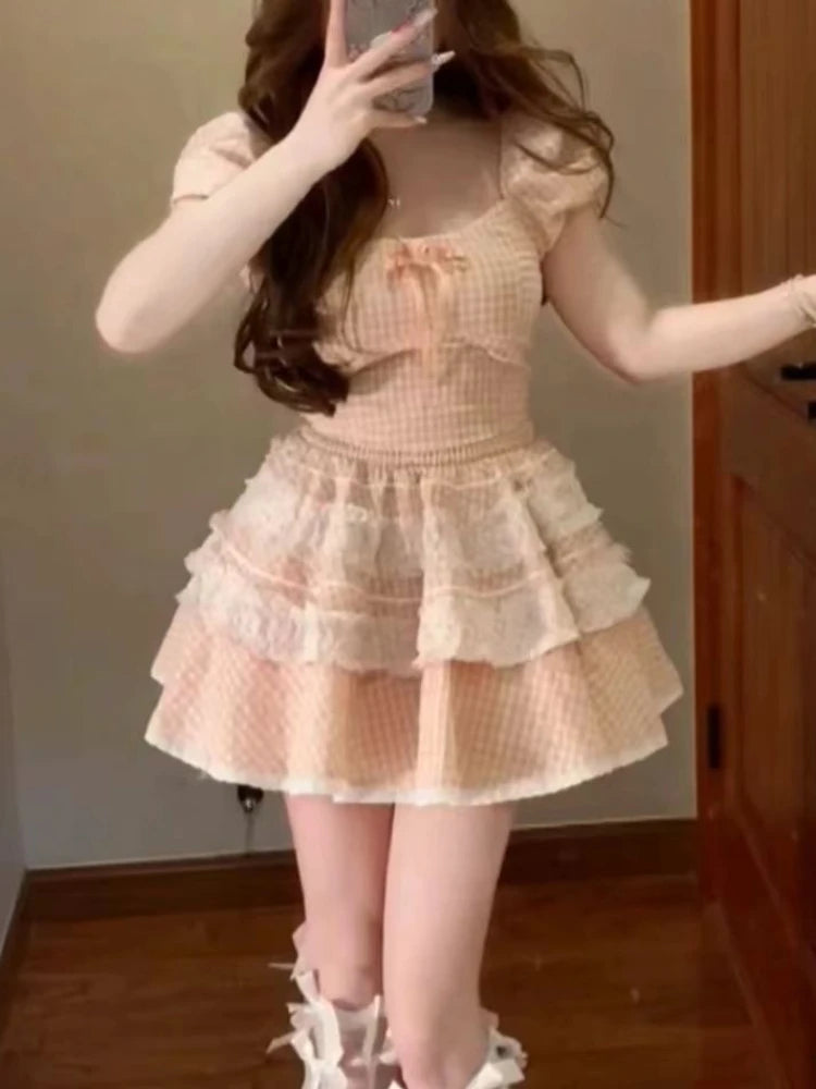 LIZAKOSHT  -  Pink Japanese Lolita Kawaii Dress Women Plaid Square Collar Party Mini Dress Female Bubble Sleeve France Elegant Bow Dress