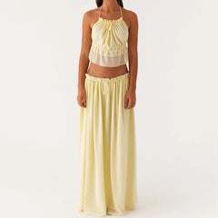 LIZAKOSHT  -  Women 2 Piece Set Summer Outfits Elegant Ladies Sleeveless Tie Front Camis Backless Crop Tops + Long Skirt Beachwear