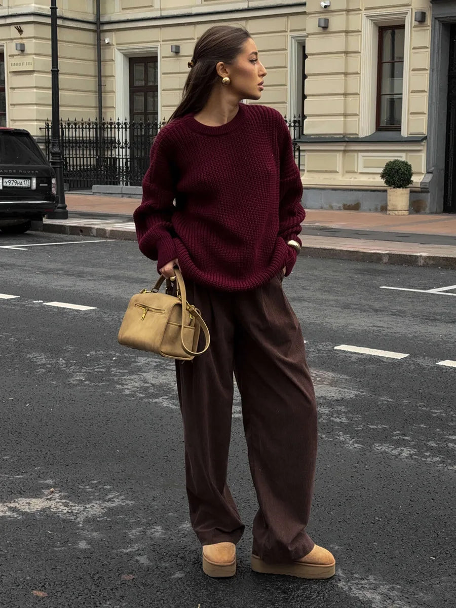 LIZAKOSHT  -  Women's New Wide Leg Pants 100% Cotton Loose Fit Drapey Trendy Waist Autumn Winter Fashion Trousers