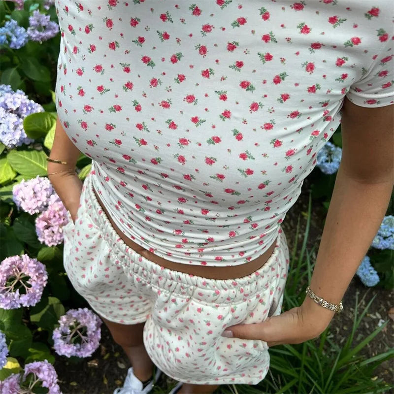 LIZAKOSHT  -  Lounge Outfit Set Women Coquette Clothing Floral Print Short Sleeve T-Shirt Shorts with Pockets 2 Piece Set Clothes