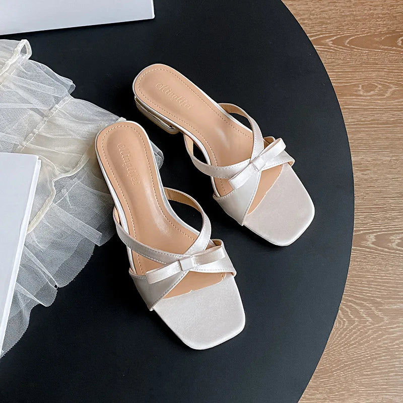 LIZAKOSHT  -  new summer silk slippers women bowtie narrow band sandalias mujer low heel party slides shoes 35-43 big size pink flip flop