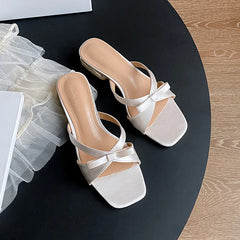 LIZAKOSHT  -  new summer silk slippers women bowtie narrow band sandalias mujer low heel party slides shoes 35-43 big size pink flip flop
