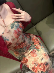 LIZAKOSHT  -  New Chinese Style Improved Vintage Print Dresses+ Y2k Mesh Long Sleeve Cardigan Tops Women Early Autum Two Piece Sets