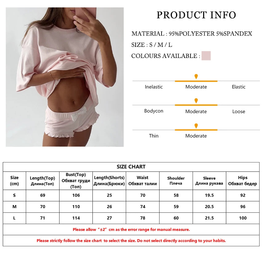 LIZAKOSHT  -  Summer Pink Ladies Nightgowns 2 Piece Suit Half Sleeve Nightwear O-Neck Pajamas Shorts Casual Home Clothes For Women