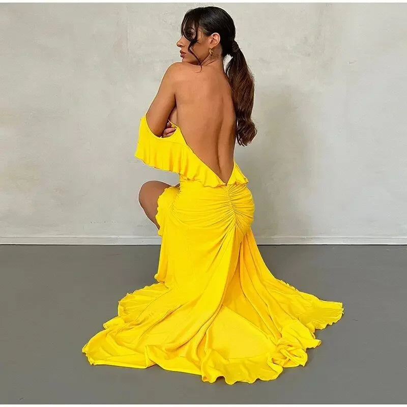 LIZAKOSHT  -  Sexy Split Women's Beach Gown V-neck Ruffle Backless Sleeveless Sling Dress