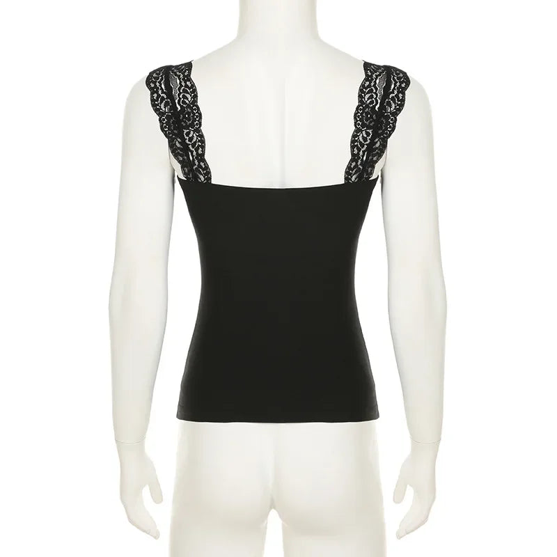 LIZAKOSHT  -  New Retro Dark Elegant Fashion Lace Stitch Sleeveless T-shirts Gothic Women Pleat V-neck Slim Tank Tops Y2K Aesthetic Vest