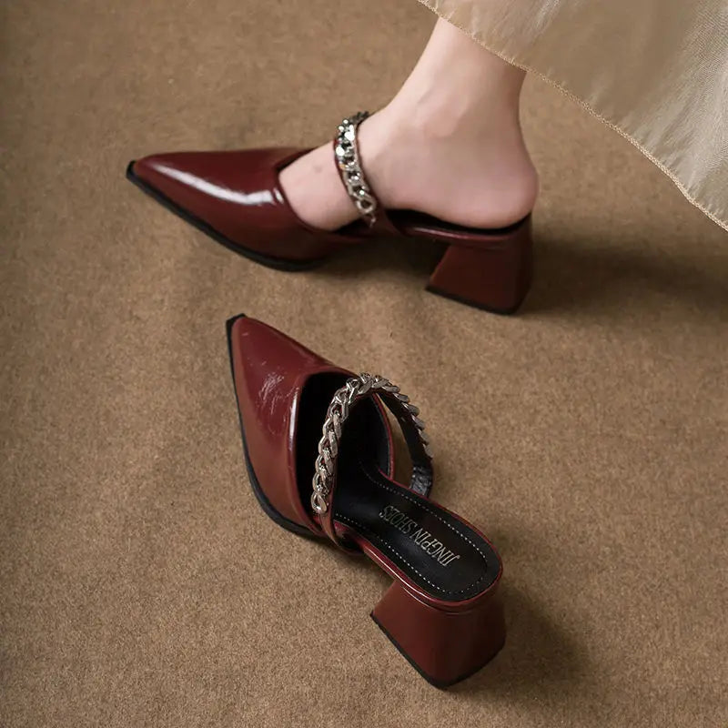 LIZAKOSHT  -  Womens Slippers Summer Baotou Sandals Pointed Toe Shallow Mouth Metal Chain One Slip Strap Anti-slip Outer Wear Square HighHeels