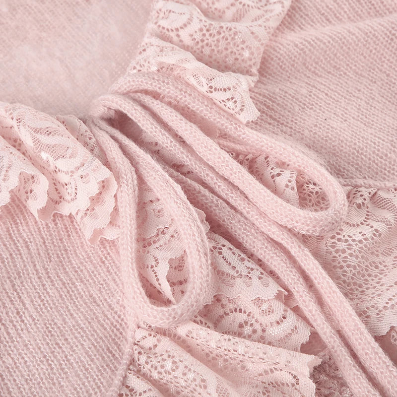 LIZAKOSHT  -  Y2K Pink Flared Sleeve Cardigan Casual Lace Tie-up Beach Cover-Ups Coquette White Long Sleeves Shirts Sunscreen Outwear