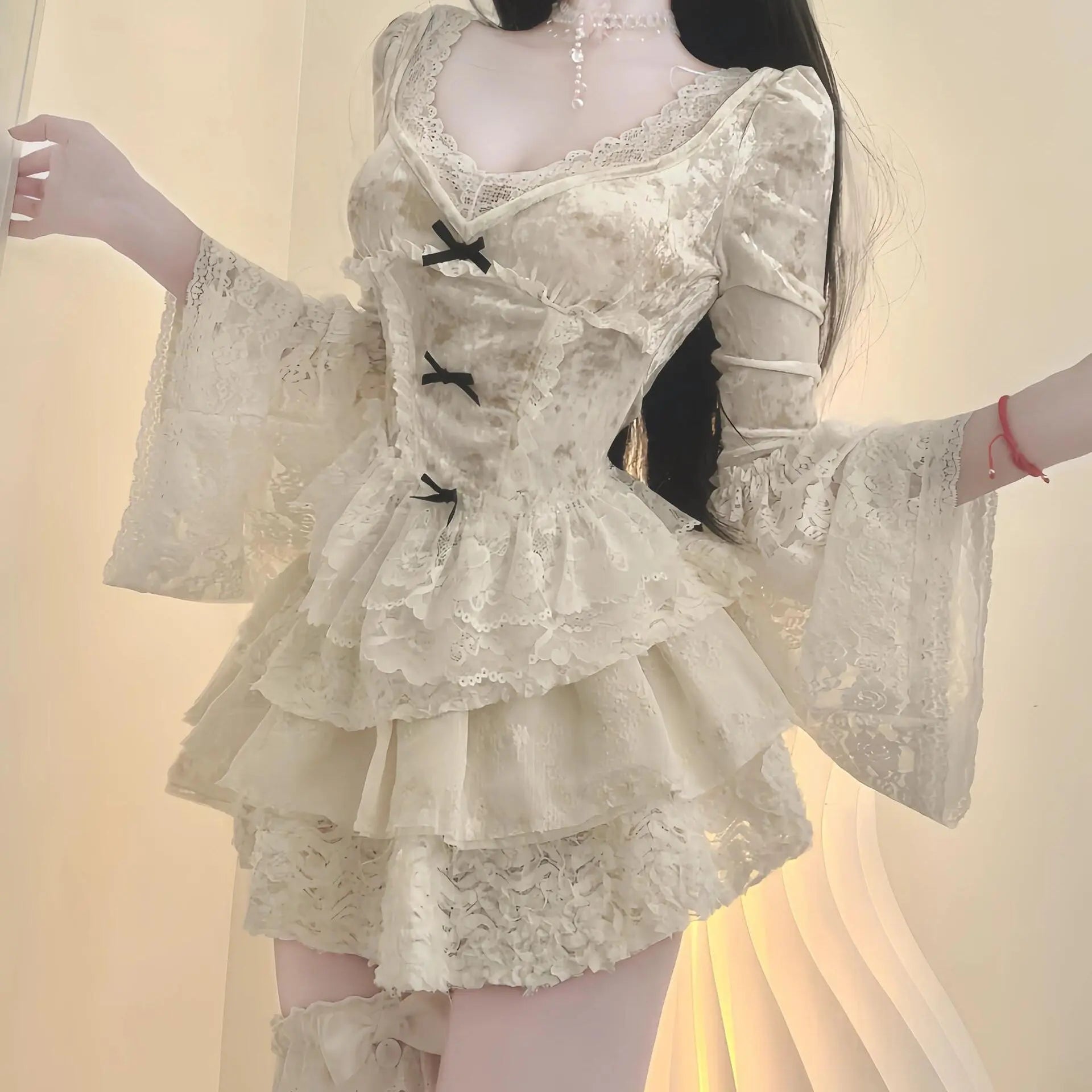 LIZAKOSHT  -  French Fluffy Skirt Two-Piece Suit Pure Lust Style Long-Sleeved Top Sweet And Spicy Slimming Lace Splicing Chic Versatile