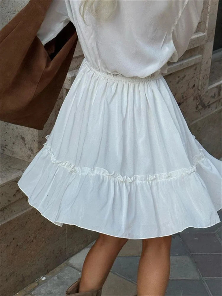 LIZAKOSHT Ruffled V-Neck White Mini Dress Female Patchwork Long Sleeve Elegant Bandage Fashion Dress High Waist Lace-Up Women Dress