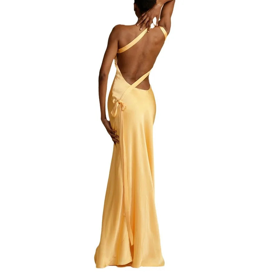 LIZAKOSHT  -  Spring Summer New Party Slant Shoulder Slimming Dress  Casual Fashion Color Dress