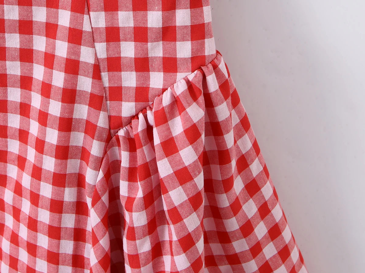 LIZAKOSHT  -  Sexy Red Gingham Plaid Mini Sleeveless Dress Women Bow O Neck Zipper Back Low Waist Ruched Hem Swing Tank Dresses Vestidos Black