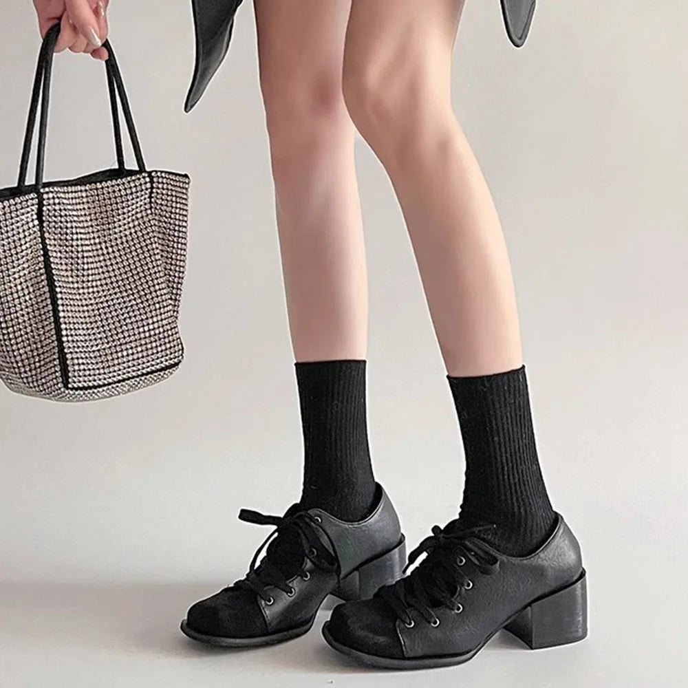LIZAKOSHT  -  Vintage Brown maillard Style Casual Pumps Square Toe Patchwork Block Heels Lace-up Shoes Women