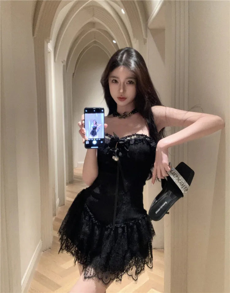LIZAKOSHT  -  Y2k Lace Strapless Bow Dress for Women 2025 Summer New Slim Fit Cake Dresses Y2k Slim Waist A-line White Vestido Feminino