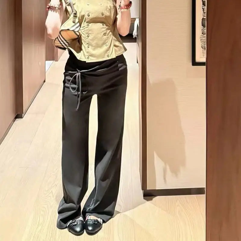 LIZAKOSHT  -   Korean Style Elegant Women Pants Baggy Lace Up Ruffles Sexy Low Waist Slim Casual Trousers Coquette Straight Pantalones