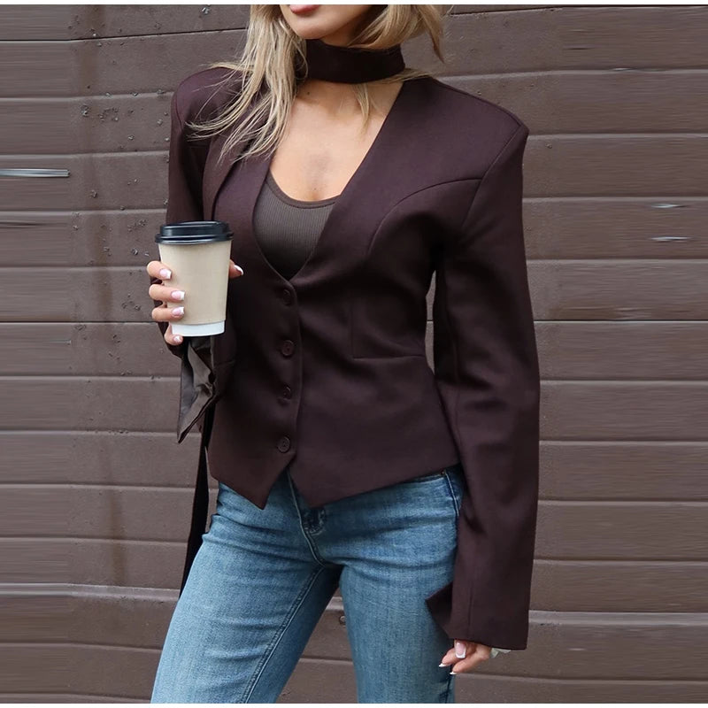 LIZAKOSHT  -  Elegant Ribbon Single Breasted Coat Women Fashion Solid V-neck Long Sleeve Pocket Jackets Female Autumn Chic Casual Streetwear