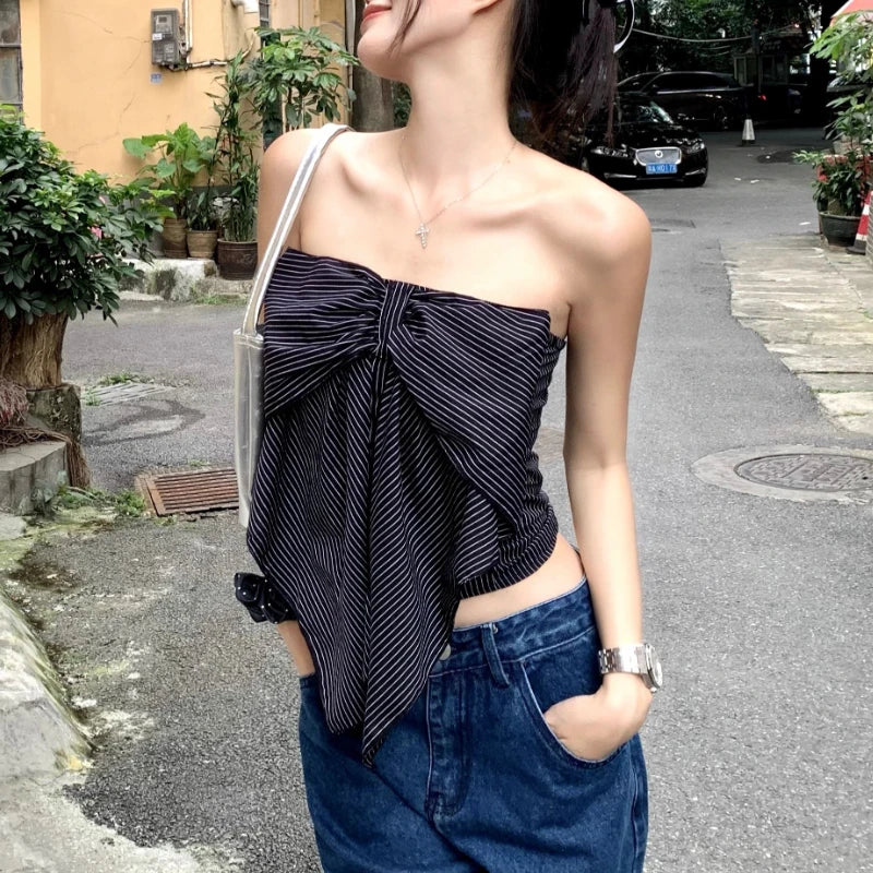 LIZAKOSHT  -  Off-shoulder Bow Pleated Sexy Slim Striped Camisole Women Summer New High Street Fashion All Match Irregular Crop Tops