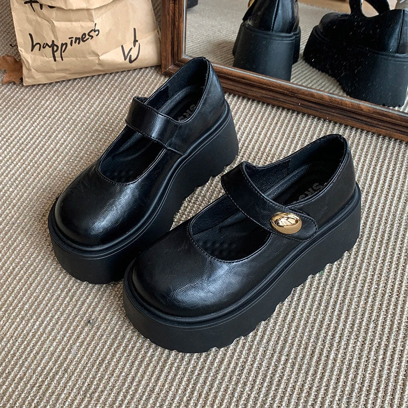 LIZAKOSHT  -  Autumn Vintage Platform Women Mary Jane Shoes  Fashion Outdoor Stripper Shoes Ladies Thick High Heels jk Leather Pumps