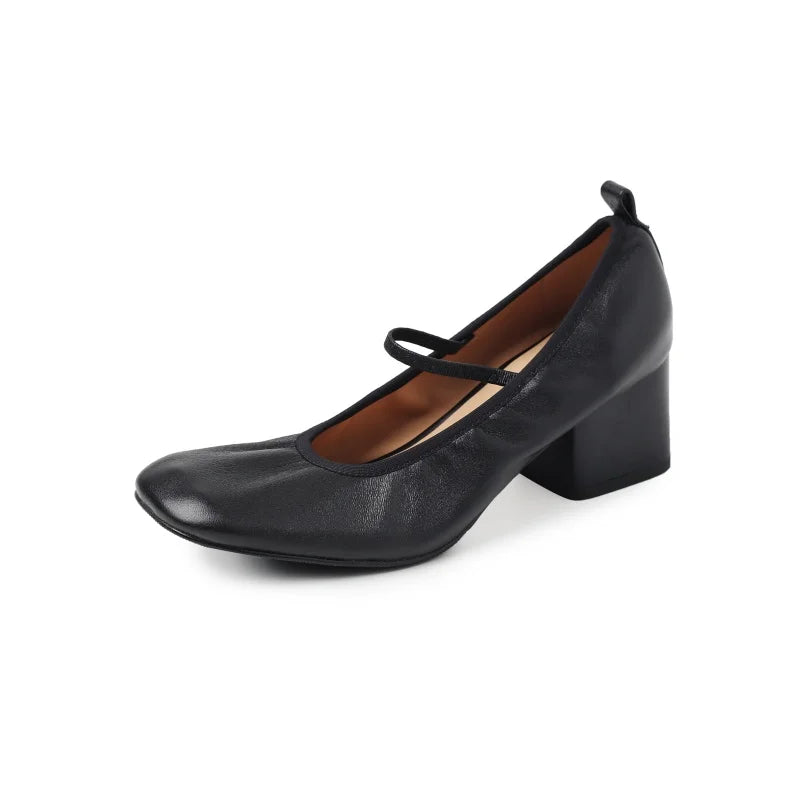 LIZAKOSHT  -  Fashion Pumps New High Quality Genuine Leather Shoes Round Head Elastic Band High Heels Mary Janes Shoes Women's Heels