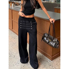LIZAKOSHT  -  American Retro Wide Leg Sweatpants Women's Autumn Winter Multi-Button Elastic Waist Straight Loose Slimming Floor-Length Casual