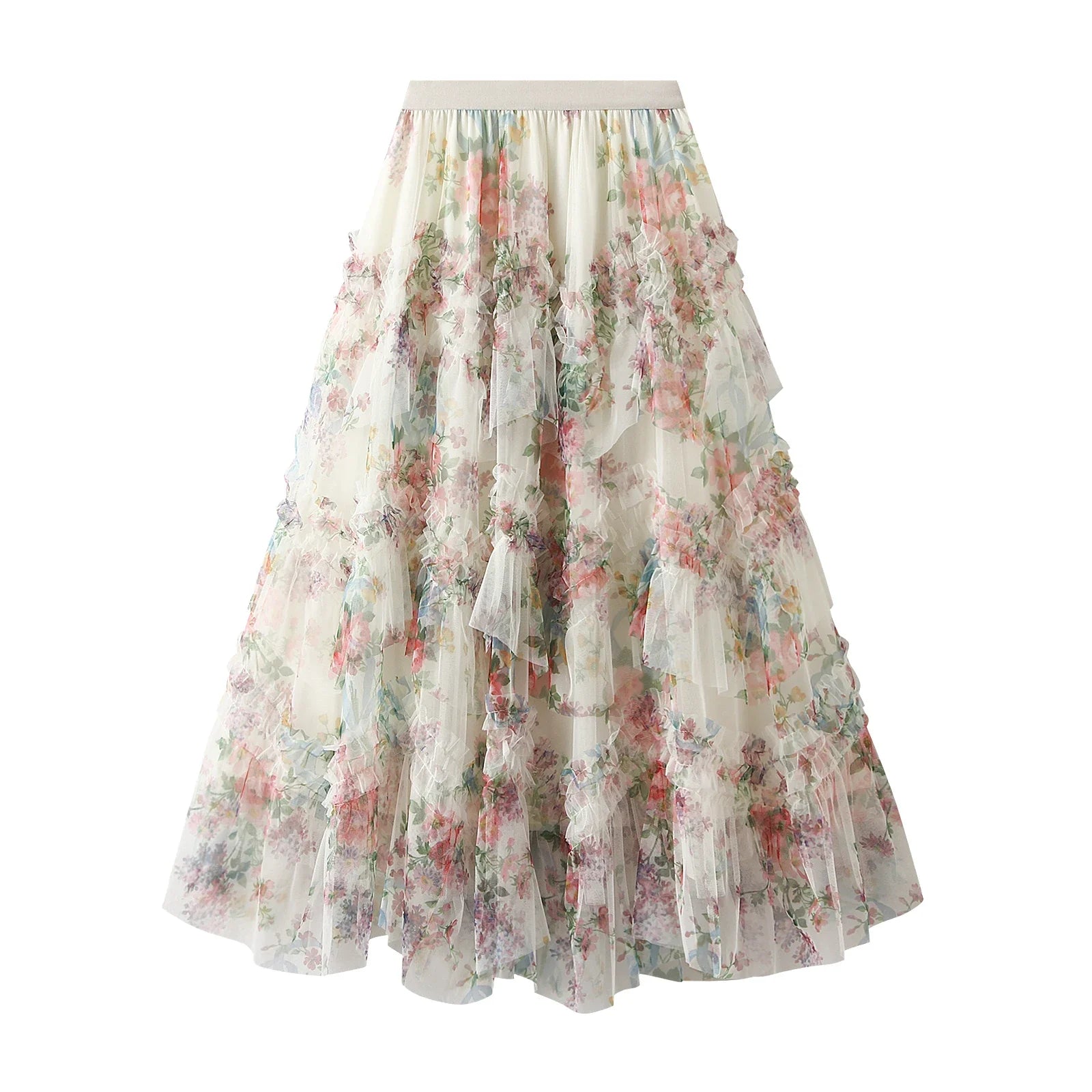 LIZAKOSHT  -  Early Fall Floral Print Ruffle Mesh Skirt Women Irregular Flowy A-line Midi Skirt for Travel, Beach, Shopping