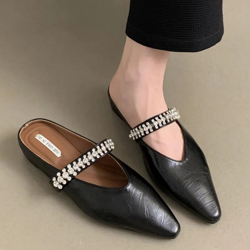 LIZAKOSHT  -  Bling Crystal Flat Heel Slippers Mules Women Wrap Toe Banquet Stiletto Sandals New Summer Luxury Formal Party Shoes Female Slide