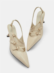 LIZAKOSHT  -  Elegant Beige Kitten Heels Slingback Pumps Classic Pointy Toe Buckle Straps Office Lady Shoes Women