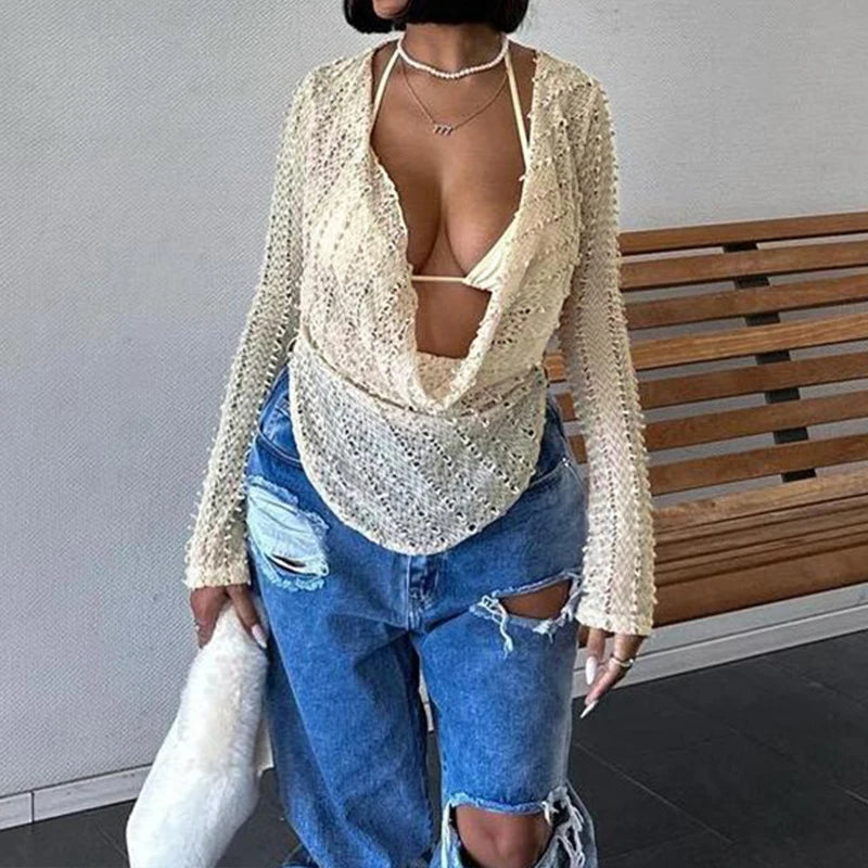 LIZAKOSHT  -  Hollowed Out Swinging Collar Long Sleeve Hot Sexy Streetwear T-shirt Spring Fall Asymmetric Skinny Ladies Knitted Top Clubwear