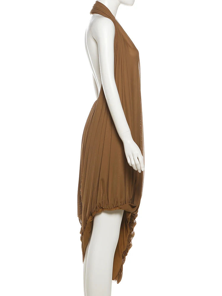 LIZAKOSHT  -  Ruched Halter Maxi Dress Women Sleeveless Backless Irregular Hem Solid Vacation Classic Basis Prom Party Elegant Vestidos