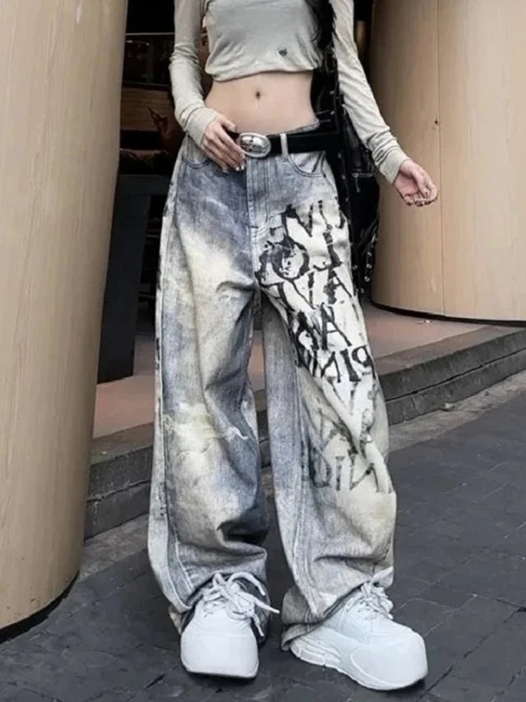 LIZAKOSHT  -  Y2K Letter Gradient Jeans Women Streetwear Fall American Vintage Denim Pants High Street Loose Straight Retro Wide Leg Trousers