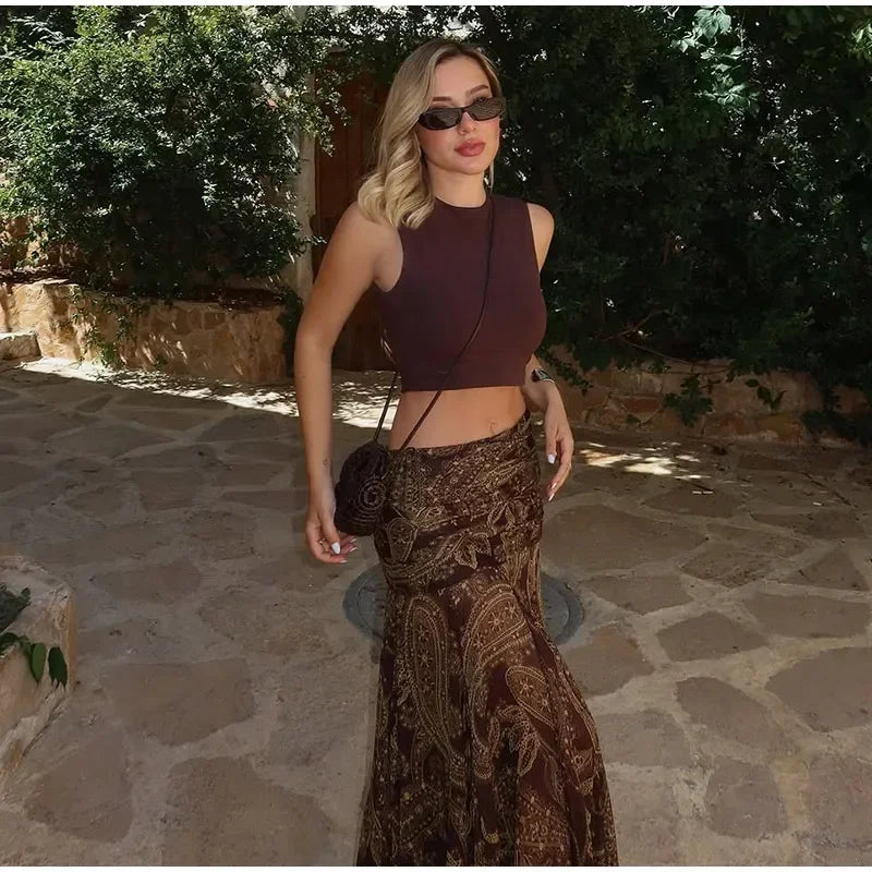 LIZAKOSHT  -  Fashion Print Long Skirt Women High Waist Ankle-length Loose Swing Skirt 2025 Summer Fashion Female Vacation Streewear Outerwear