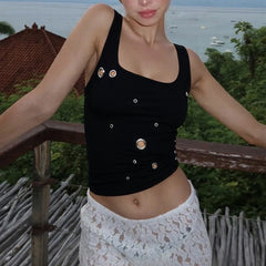 LIZAKOSHT  -  Trend Black Sexy Metal Eyelet Skinny U Collar Sleeveless Strap Short Vest Tank Tops Hottie Y2K Casual Rave Party Streetwear