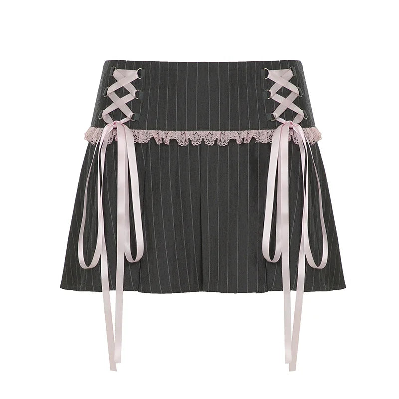 LIZAKOSHT  -  Y2k Girl Lace Bow Low Waist Pleated Striped Skirt Pastel Goth Sweet Pleated Skirt Women Aesthetic Fairy Grunge Elegant Skirt