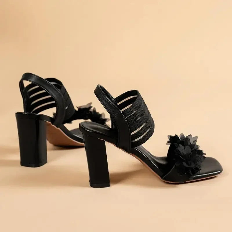 LIZAKOSHT  -  Luxury Lace Flower Decoration Slip On Black Sandals Women Summer Square Toe High Heel Sandals Fashion Beach Shoes Women