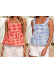 LIZAKOSHT  -  Women s Casual Sleeveless Plaid Print Babydoll Tank Top with Bow Tie Back and Flowy Hem for Summer Style