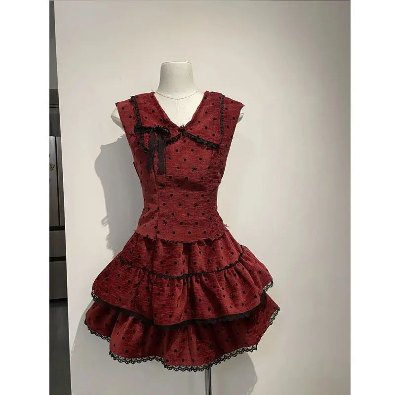 LIZAKOSHT  -  Sweet Womens Dresses Lace Bow Goth Y2k Party Dress Punk Sleeveless Kawaii Vintage Harajuku Korea Ball Gown V-Neck 90s Grunge Emo