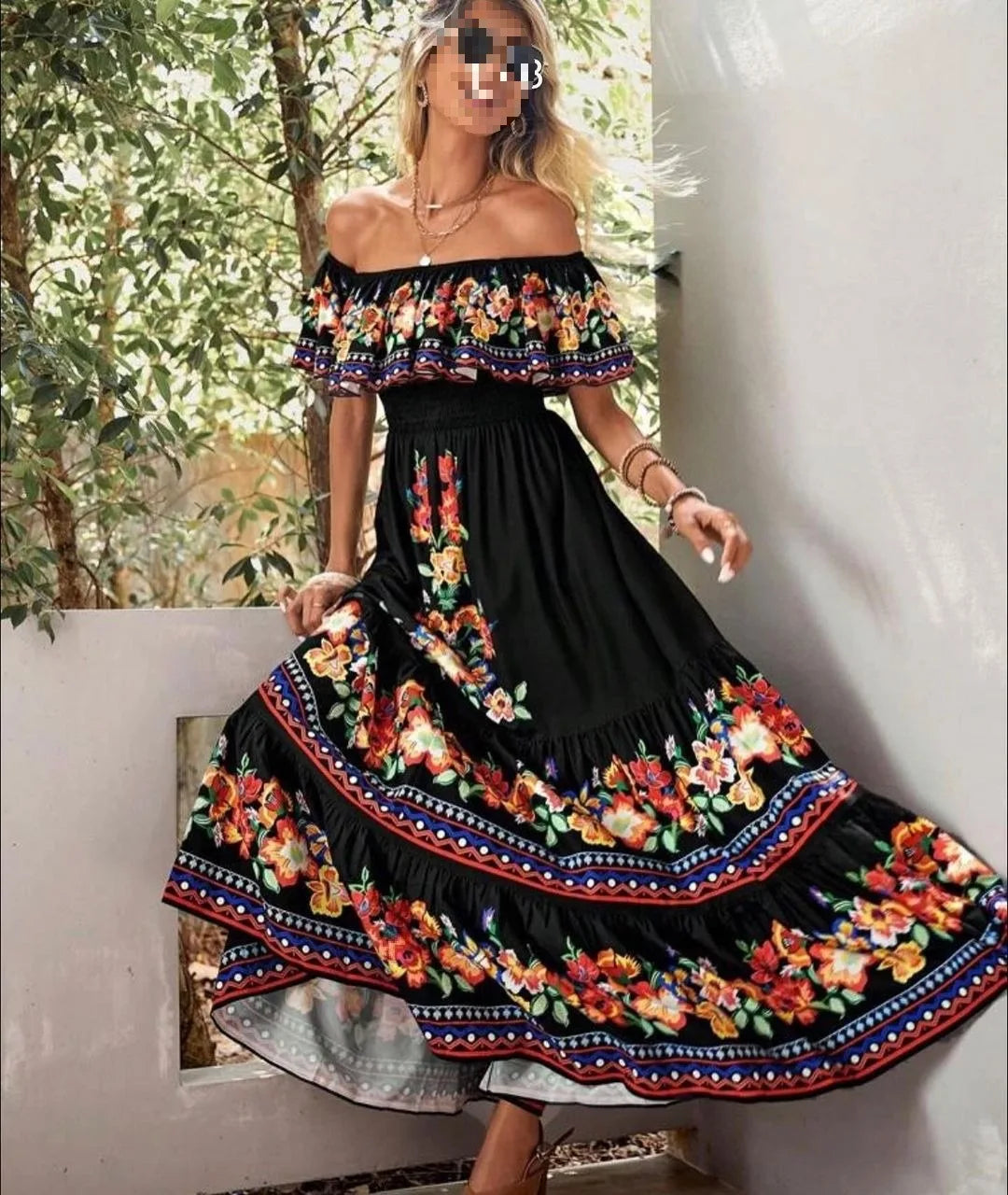 LIZAKOSHT  -  Spring And Summer New Women Clothing Party Dresses Off The Shoulder Fashion Printed Beach Vacation A-Line Long Dresses