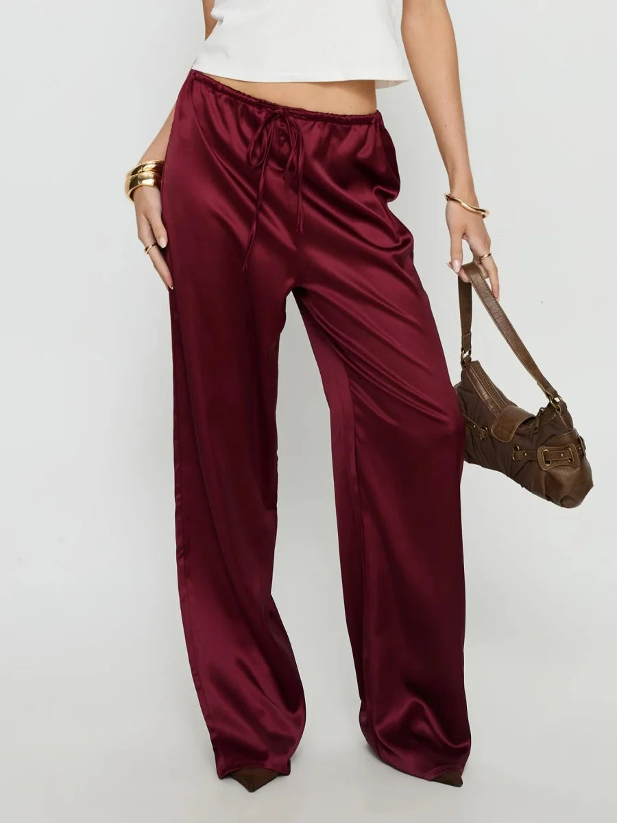 LIZAKOSHT  -  Women Satin Wide Leg Dress Pants Silk Casual Dressy Long Flowy Pants Elastic High Waisted Trousers