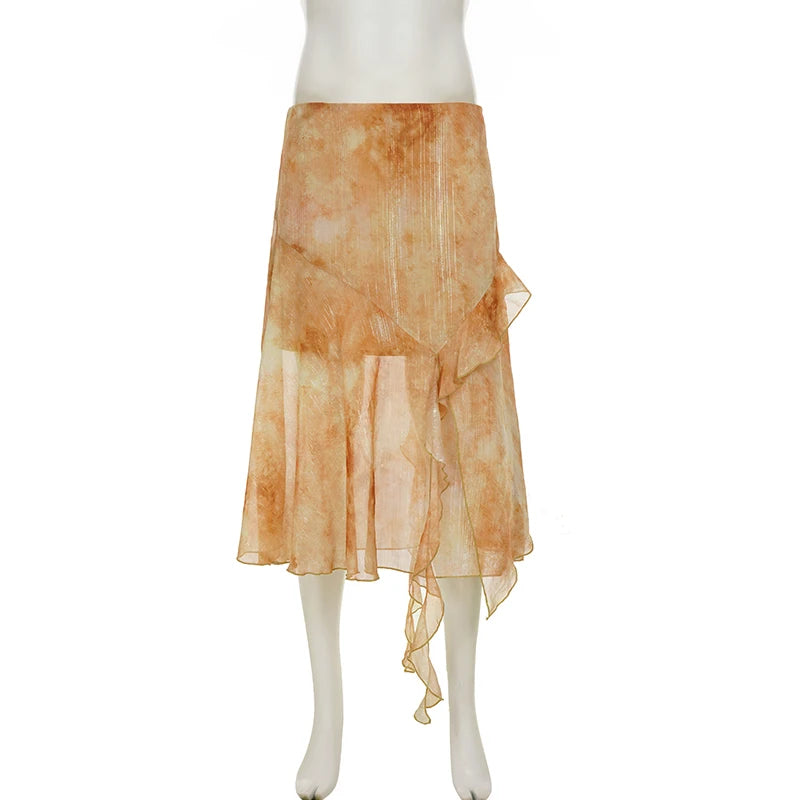LIZAKOSHT  -  Vintage Smudged  Print Chiffon Skirt Harajuku Women Low-waist Asymmetrical Skirt Summer Clothes Boho Vacation wear 2026