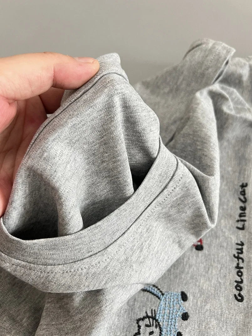 LIZAKOSHT  -  Korean Style Cat Embroidery Short Sleeve Crew Neck T-Shirt Casual Summer New White Women's Top Fashionable Girl's Clothing