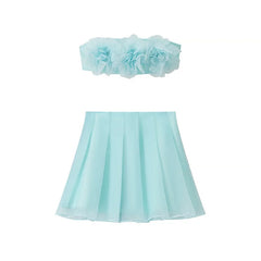 LIZAKOSHT  -  Halter Bikini Puffy Skirt Two Piece Set Mesh Folded Pleated Mint Green 3D Flower Strapless Top Beach Pleated Skirts Suit Women