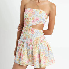 LIZAKOSHT  -  New Summer Women Dress Fashion Wrapped Floral Cutout Mini Cake Dress Casual Seaside Beach Vacation Ladies Clothing Dress XS-2XL