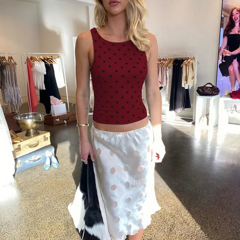 LIZAKOSHT  -  Casual Sexy Polka Dot Tank Tops For Women O-neck Sleeveless Slim Corset T-shirt Streetwear Y2K Girls Clothes Cropped Top