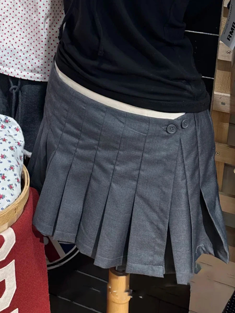 LIZAKOSHT  -  Dark Grey Simple Mini Pleated Skirts Women New One Buttons A-line Short Faldas Summer Vintage Preppy Style Solid Sweet Skirt Y2k
